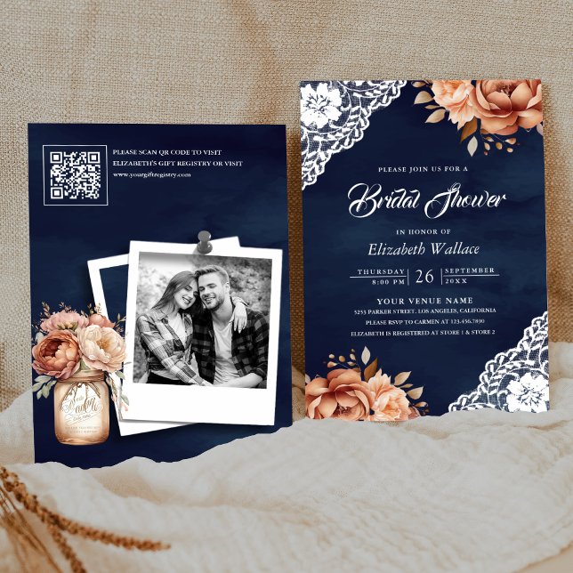 Terracotta Floral Navy Photo QR Code Bridal Shower Invitation (Creator Uploaded)