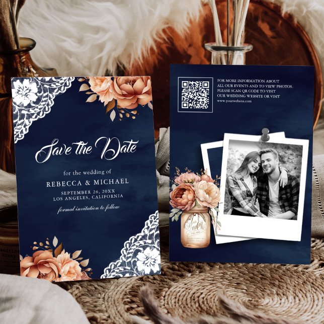 Terracotta Floral Navy Photo QR Code Wedding Save The Date (Creator Uploaded)
