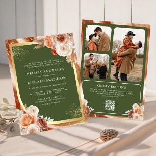 Terracotta Floral Olive Green QR Code Wedding Invitation
