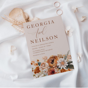 Terracotta Floral Orange Brown Autumn Fall Wedding Invitation