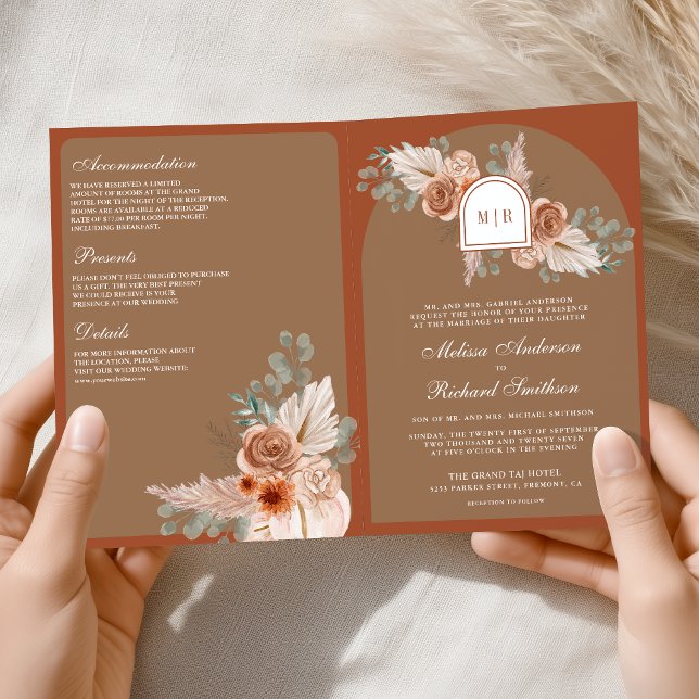 Terracotta Floral Pampas Beige Tan QR Code Wedding Invitation (Creator Uploaded)