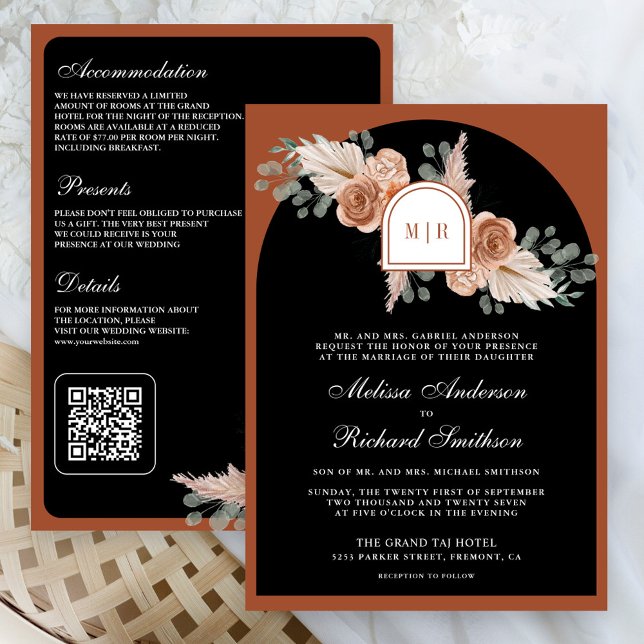 Terracotta Floral Pampas Black QR Code Wedding Invitation (Creator Uploaded)