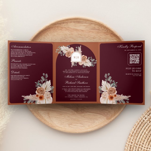 Terracotta Floral Pampas Burgundy QR Code Wedding Tri-Fold Invitation (Creator Uploaded)