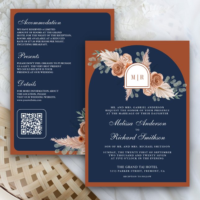Terracotta Floral Pampas Burnt Orange Navy Wedding Invitation (Creator Uploaded)