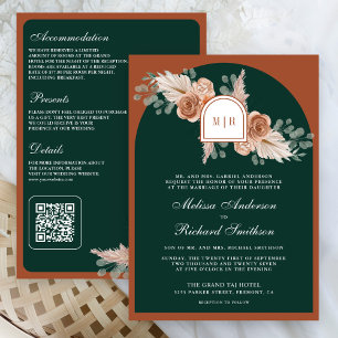 Terracotta Floral Pampas Emerald QR Code Wedding Invitation