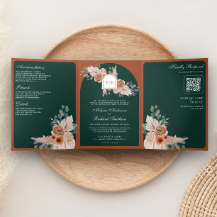 Terracotta Floral Pampas Emerald QR Code Wedding Tri-Fold Invitation