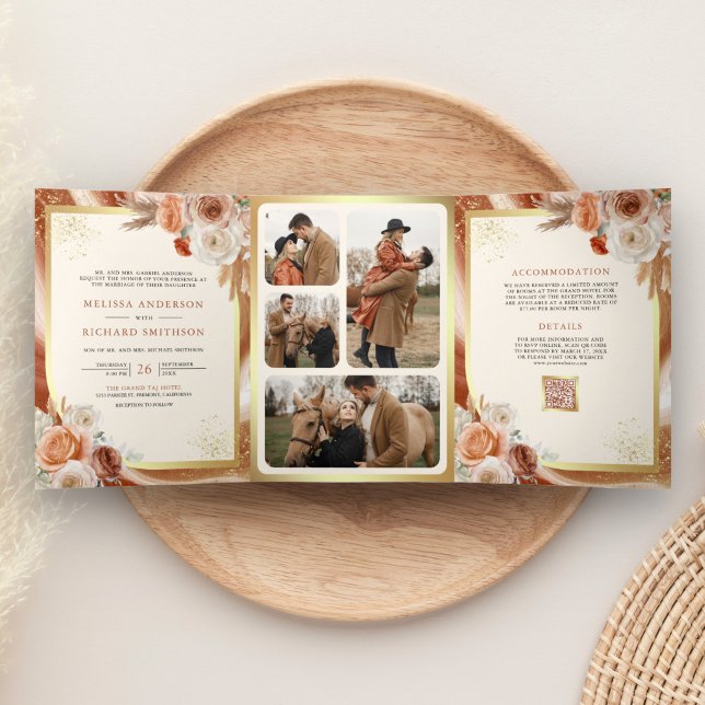 Terracotta Floral Pampas Gold All in One Wedding Tri-Fold Invitation (Creator Uploaded)