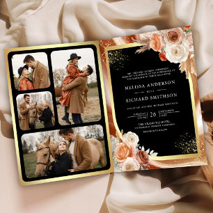Terracotta Floral Pampas Gold Black Wedding Invitation