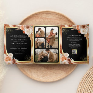 Terracotta Floral Pampas Gold Black Wedding Tri-Fold Invitation