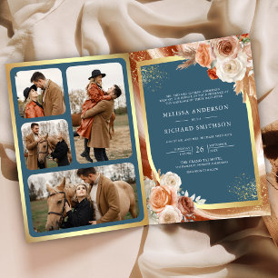 Terracotta Floral Pampas Gold Dusty Blue Wedding Invitation