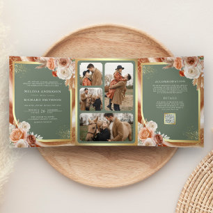 Terracotta Floral Pampas Gold Sage Green Wedding Tri-Fold Invitation