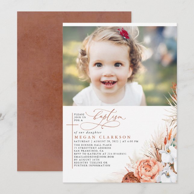 Terracotta Floral Pampas Grass Baptism Photo Invitation (Front/Back)