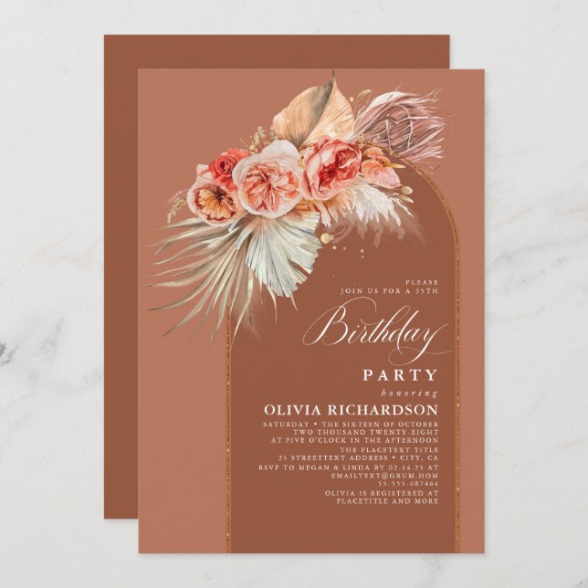 Terracotta Floral Pampas Grass Boho Birthday Party Invitation (Front/Back)