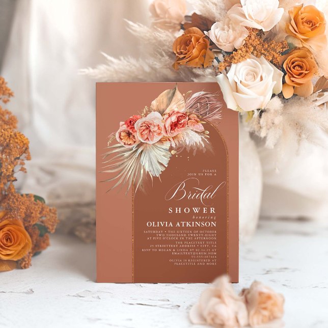 Terracotta Floral Pampas Grass Boho Bridal Shower Invitation (Boho Floral Terracotta Bridal Shower Invitations)