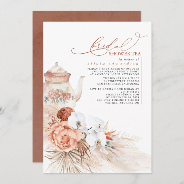Terracotta Floral Pampas Grass Bridal Shower Tea Invitation (Front/Back)