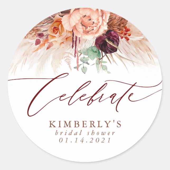 Terracotta Floral Pampas Grass CELEBRATE Classic Round Sticker (Front)