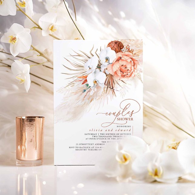 Terracotta Floral Pampas Grass Couples Shower Invitation (Boho Exotic Couples Shower Terracotta Invites)
