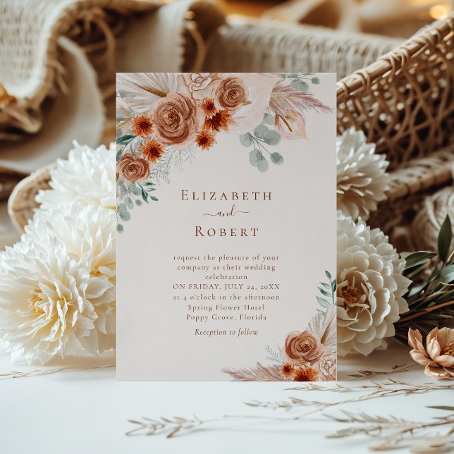 Terracotta Floral Pampas Grass Eucalyptus Wedding Invitation (Terracotta Floral Pampas Grass Eucalyptus Wedding Invitation on a sunny table with boho flowers)
