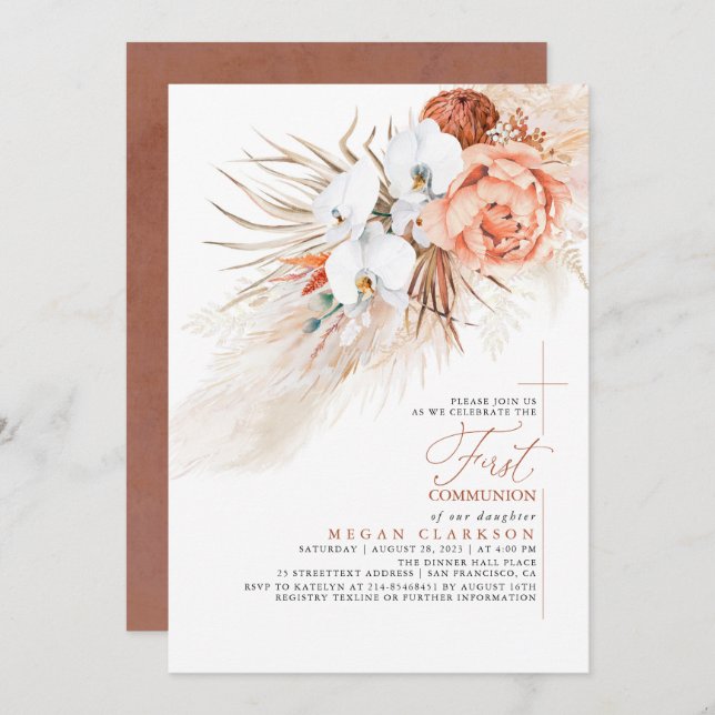 Terracotta Floral Pampas Grass First Communion Invitation (Front/Back)