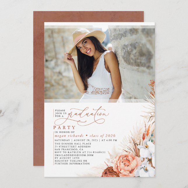 Terracotta Floral Pampas Grass Graduation Photo Invitation (Front/Back)
