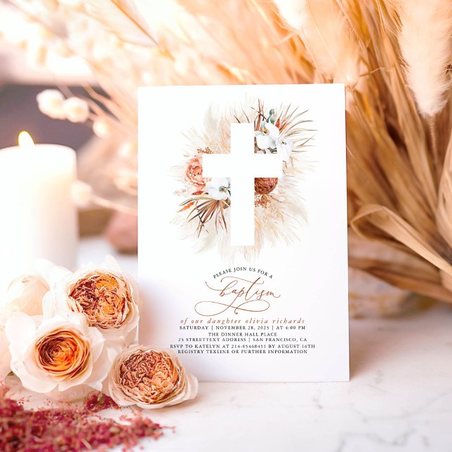 Terracotta Floral Pampas Grass Modern Baptism Invi Invitation (Baptism Boho Floral Invitations)