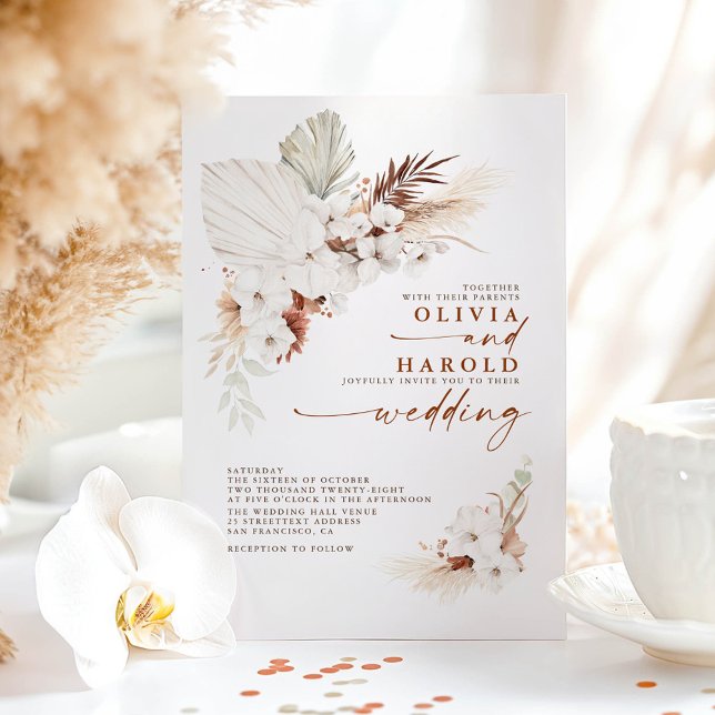 Terracotta Floral Pampas Grass Orchids Wedding Invitation (Boho Floral Wedding Invitations)