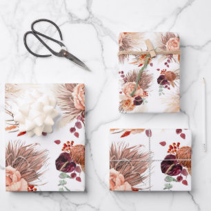 Terracotta Floral Pampas Grass Pattern Elegant Wrapping Paper Sheet