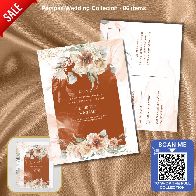 Terracotta Floral Pampas Grass RSVP WEDDING Postcard (Creator Uploaded)
