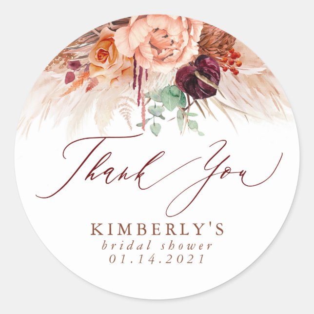 Terracotta Floral Pampas Grass Thank You Classic Round Sticker (Front)