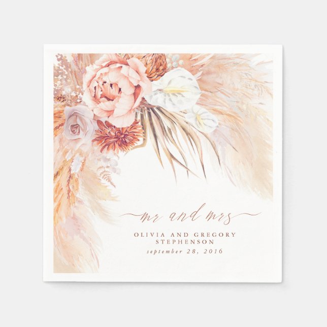 Terracotta Floral Pampas Grass Wedding Napkin (Front)