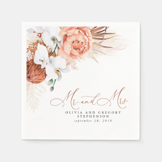 Terracotta Floral Pampas Grass Wedding Napkins (Front)