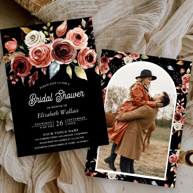Terracotta Floral Photo Black Bridal Shower Invitation (Creator Uploaded)