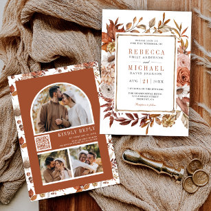 Terracotta Floral Photo Collage QR Code Wedding Invitation