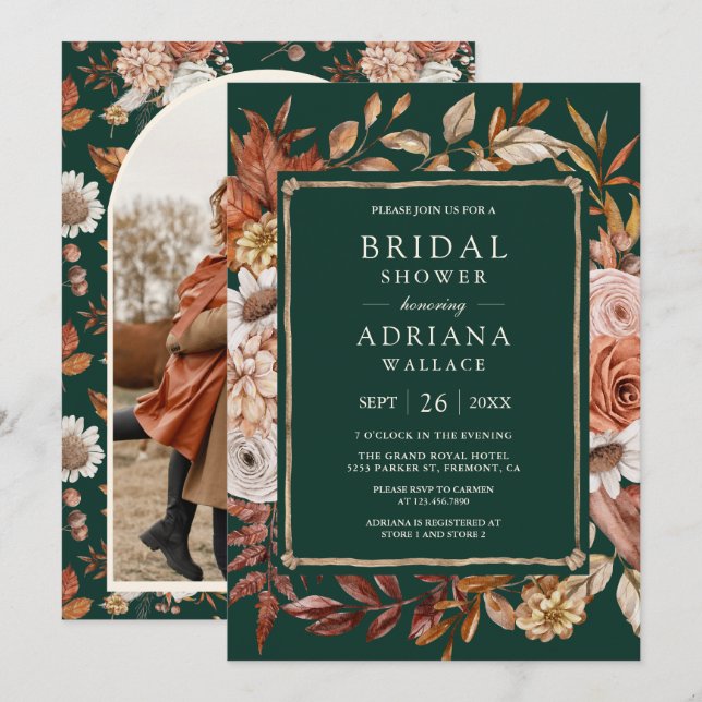 Terracotta Floral Photo Emerald Bridal Shower  Invitation (Front/Back)