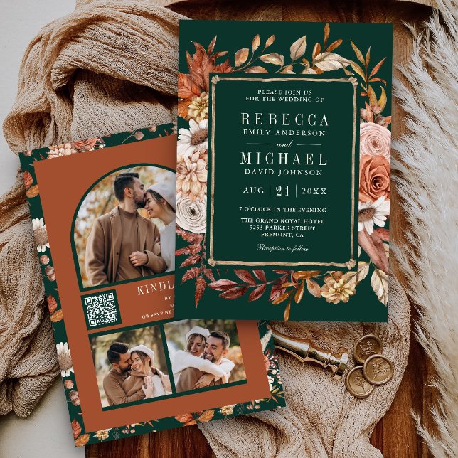 Terracotta Floral Photo QR Code Emerald Wedding Invitation (Creator Uploaded)