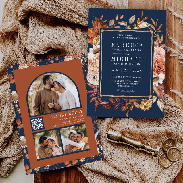 Terracotta Floral Photo QR Code Navy Blue Wedding Invitation (Creator Uploaded)