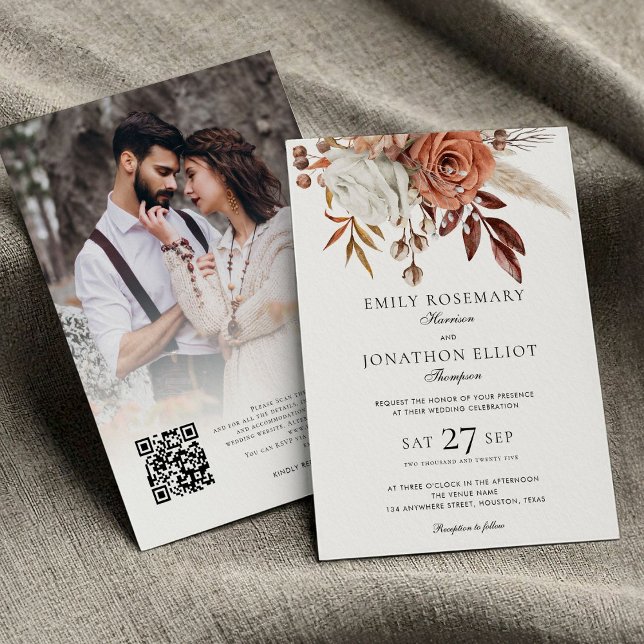 Terracotta Floral Photo QR Code Wedding Invitation (front and back view)