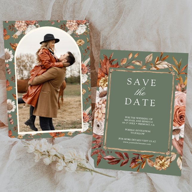 Terracotta Floral Photo Sage Green Wedding Save The Date (Creator Uploaded)