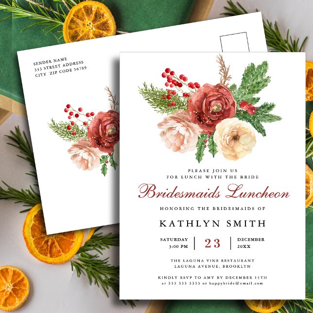  Terracotta Floral Pine Bough Bridesmaids Luncheon Invitation Postcard (Creator Uploaded)