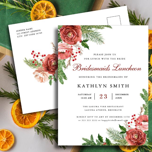 Terracotta Floral Pine Bough Bridesmaids Luncheon Invitation Postcard (Creator Uploaded)