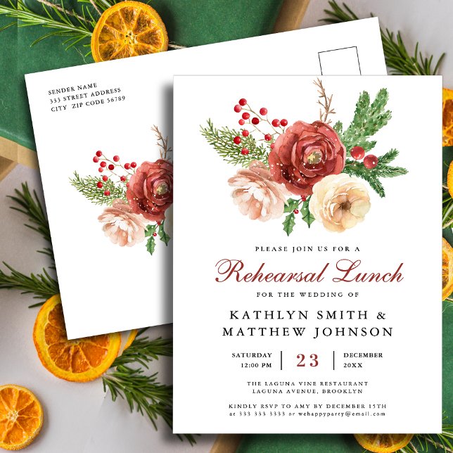 Terracotta Floral Pine Bough Rehearsal Lunch Invitation Postcard (Creator Uploaded)