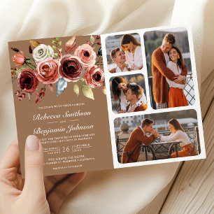 Terracotta Floral QR Code Beige Tan Wedding Invitation
