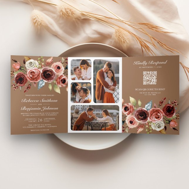 Terracotta Floral QR Code Beige Tan Wedding Tri-Fold Invitation (Creator Uploaded)