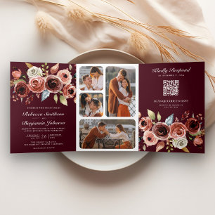Terracotta Floral QR Code Burgundy Wedding Tri-Fold Invitation