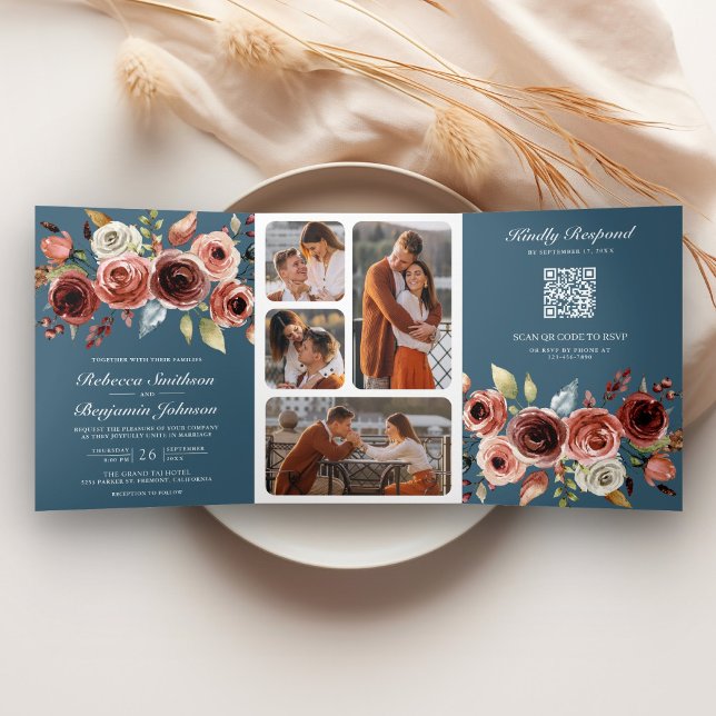 Terracotta Floral QR Code Dusty Blue Wedding Tri-Fold Invitation (Creator Uploaded)
