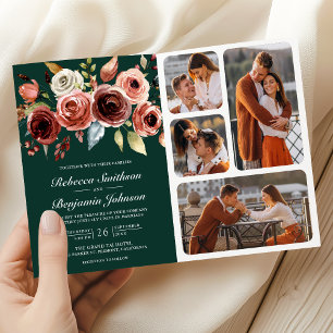 Terracotta Floral QR Code Emerald Green Wedding Invitation