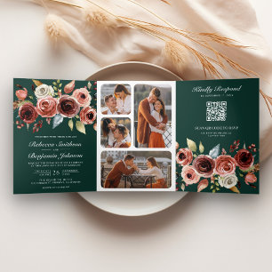 Terracotta Floral QR Code Emerald Green Wedding Tri-Fold Invitation