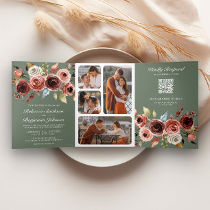 Terracotta Floral QR Code Sage Green Wedding Tri-Fold Invitation