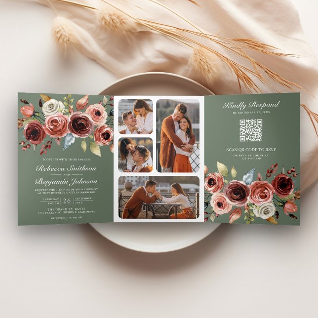 Terracotta Floral QR Code Sage Green Wedding Tri-Fold Invitation (Creator Uploaded)