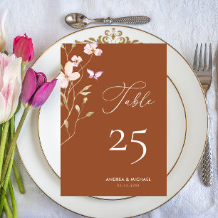 Terracotta Floral Rust Wildflowers Script Wedding Table Number
